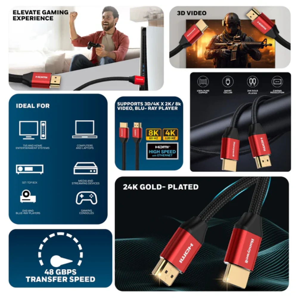 Honeywell HDMI Cable 8K 60Hz with Etherent 2.1 Complaint 1m view 2